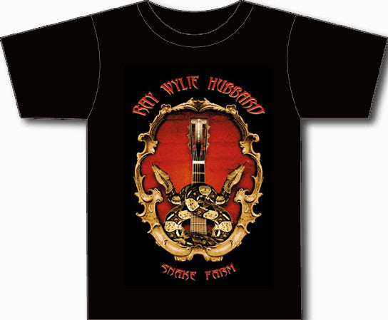 Black crew neck t-shirt with a red snake farm logo on the front.