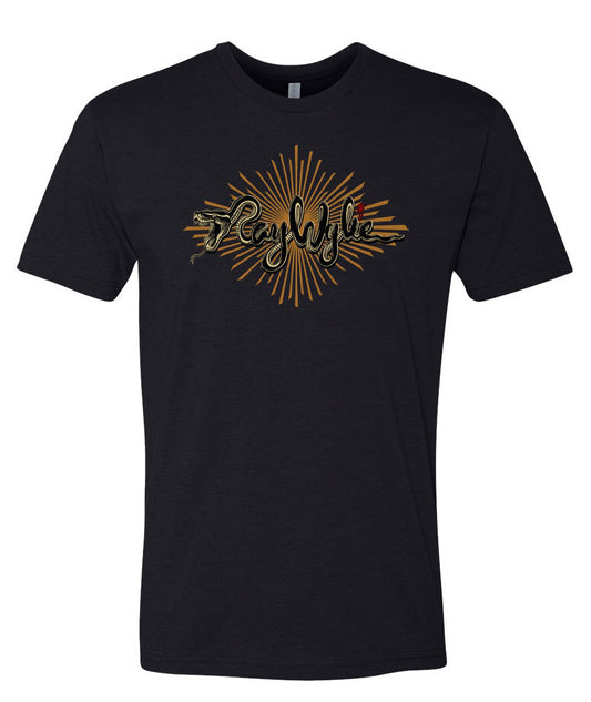 Black short-sleeve T-shirt featuring a decorative graphic with golden sunburst rays and stylized script text reading “Ray Wylie,” centered on the chest.