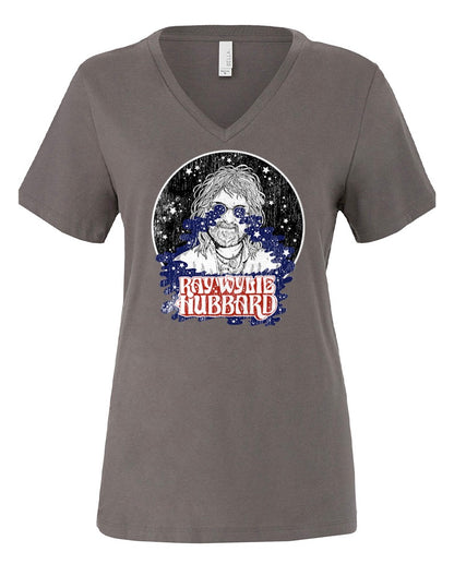 A gray Bella + Canvas ladies' V-neck T-shirt with a graphic print of Ray Wylie Hubbard.