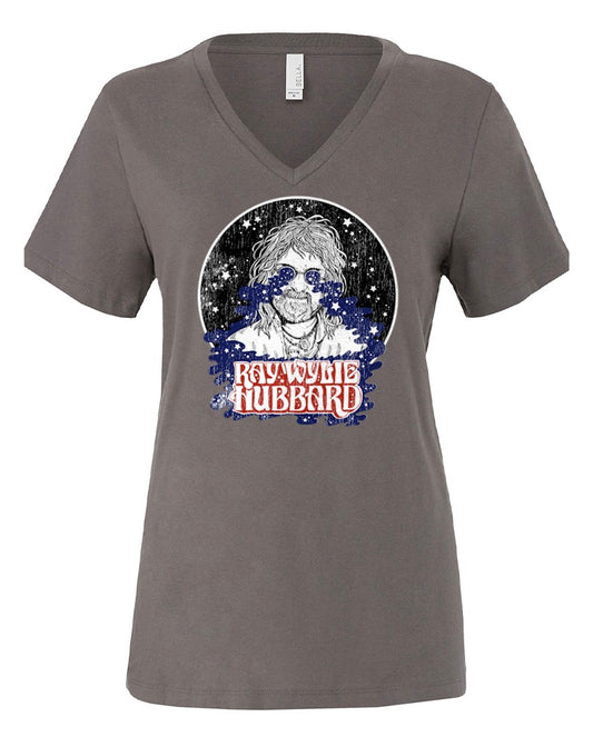 A gray Bella + Canvas ladies' V-neck T-shirt with a graphic print of Ray Wylie Hubbard.