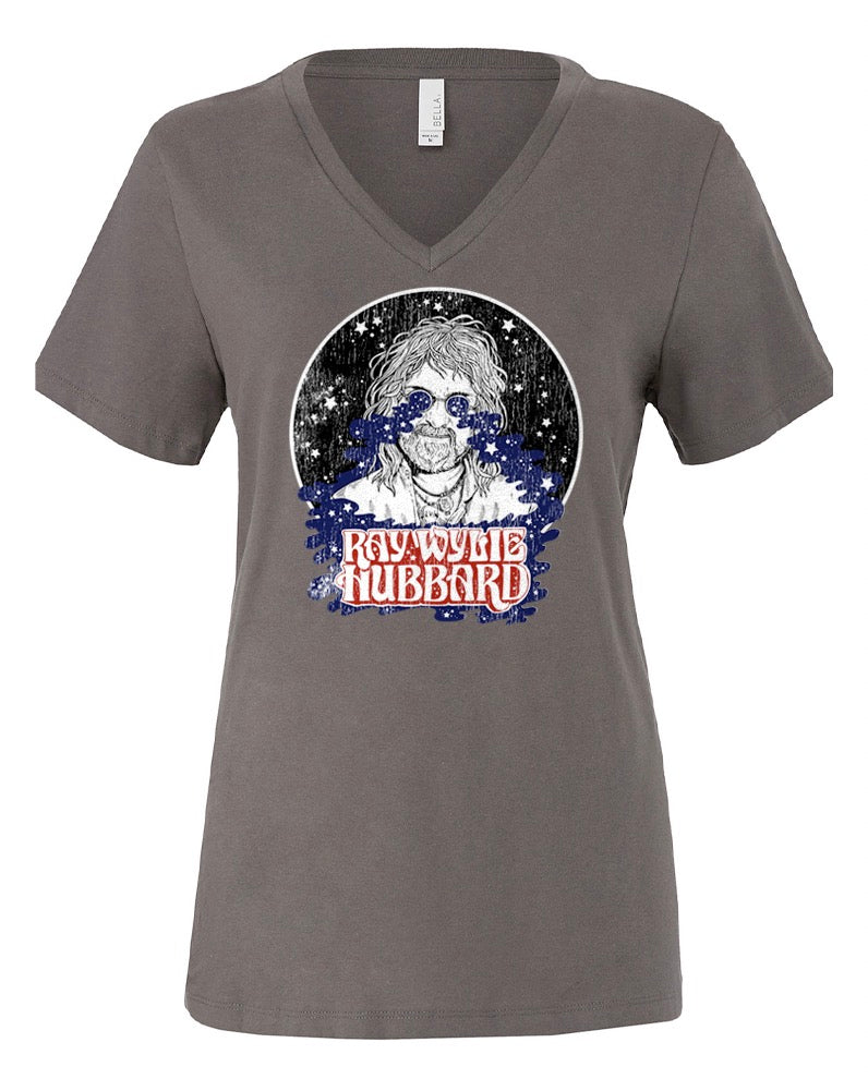 A gray Bella + Canvas ladies' V-neck T-shirt with a graphic print of Ray Wylie Hubbard.