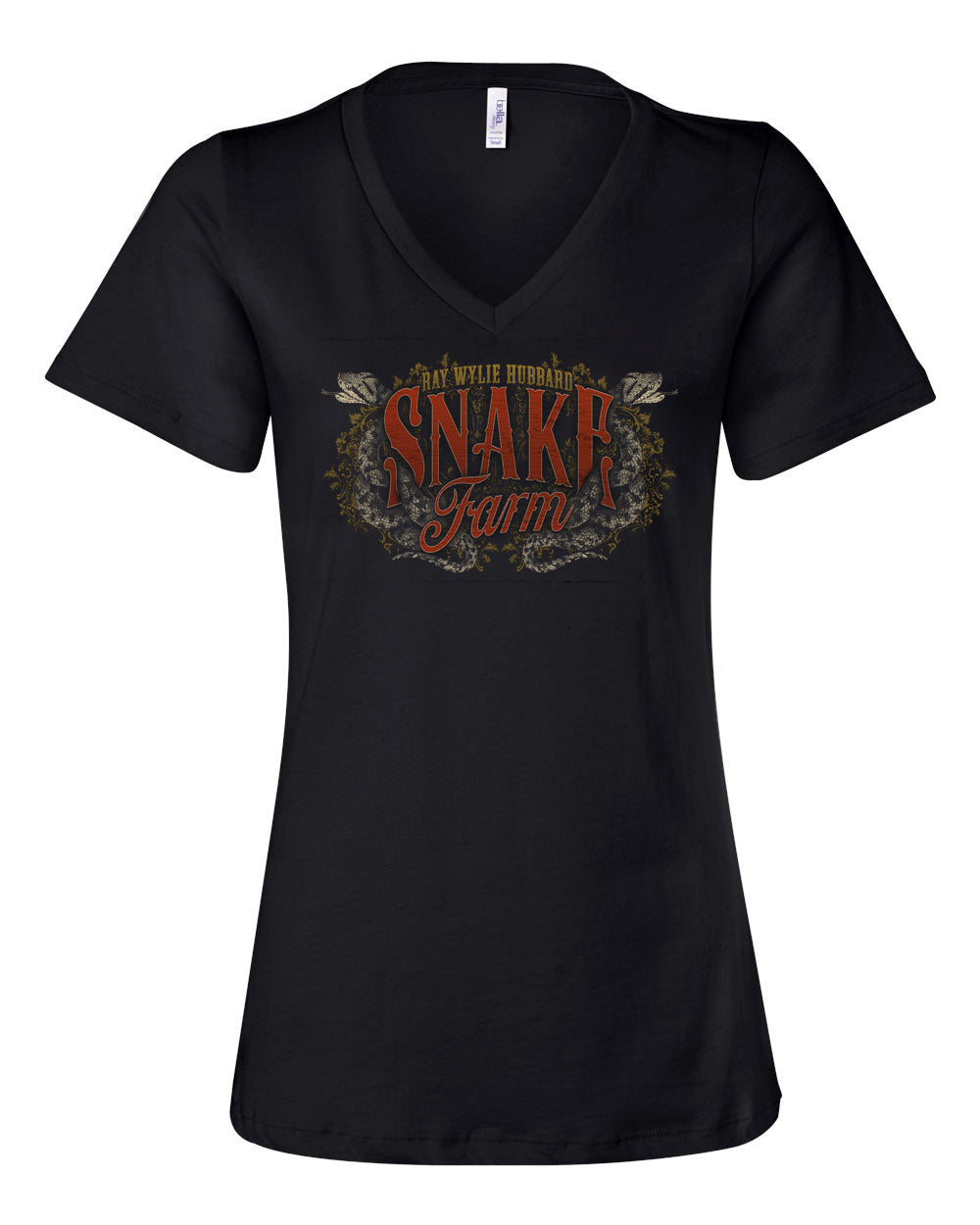 A woman wearing a black short-sleeve V-neck T-shirt with 'Snake Farm' and 'Ray Wylie Hubbard' text on it, paired with blue jeans.