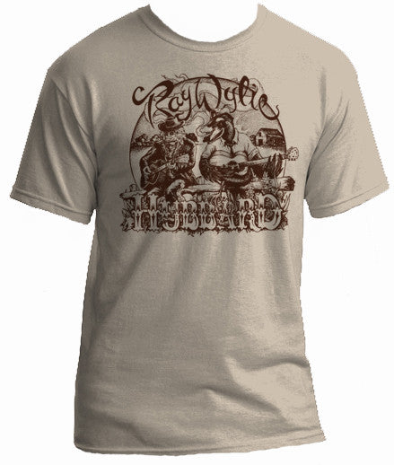 A beige crew t-shirt featuring a graphic design with a crow and an artist's depiction of Ray Wylie Hubbard playing a guitar, along with text elements.