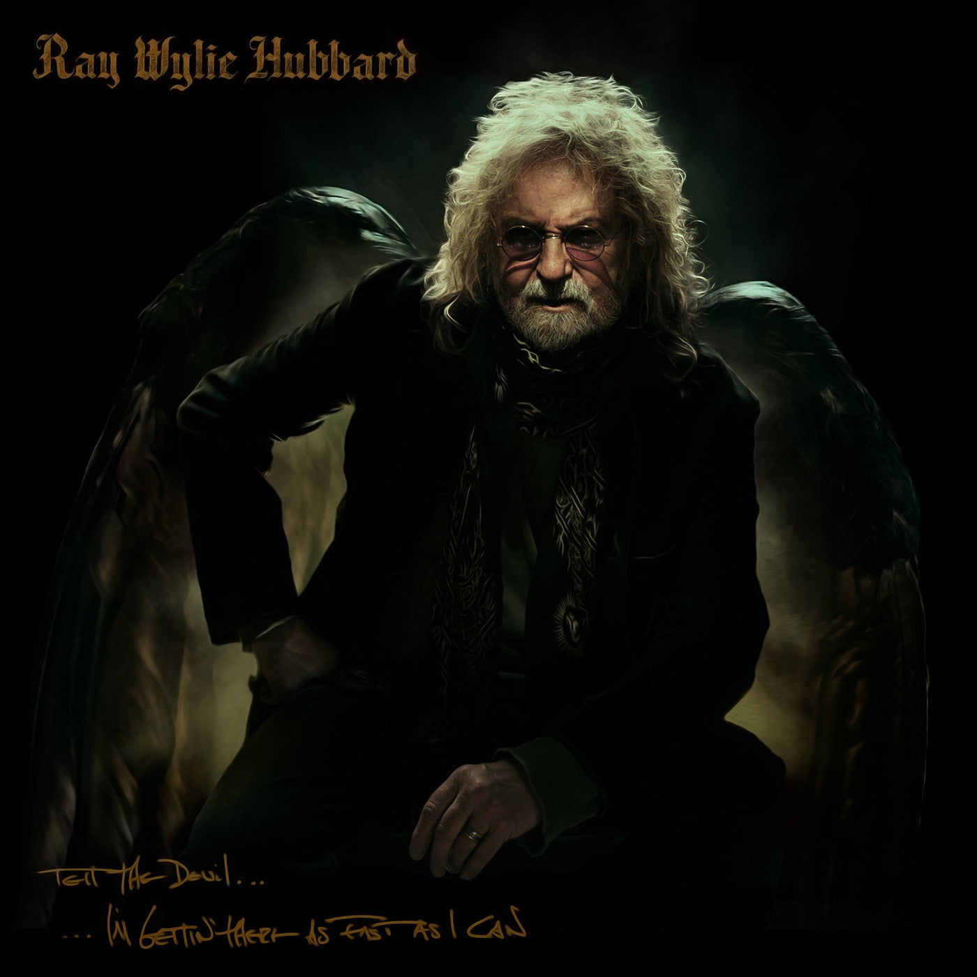 Album cover featuring a man with a guitar, dressed in dark clothing, against a dark background. The text on the cover reads 'Tell the Devil I'm Gettin' There as Fast as I Can - Ray Wylie Hubbard'.