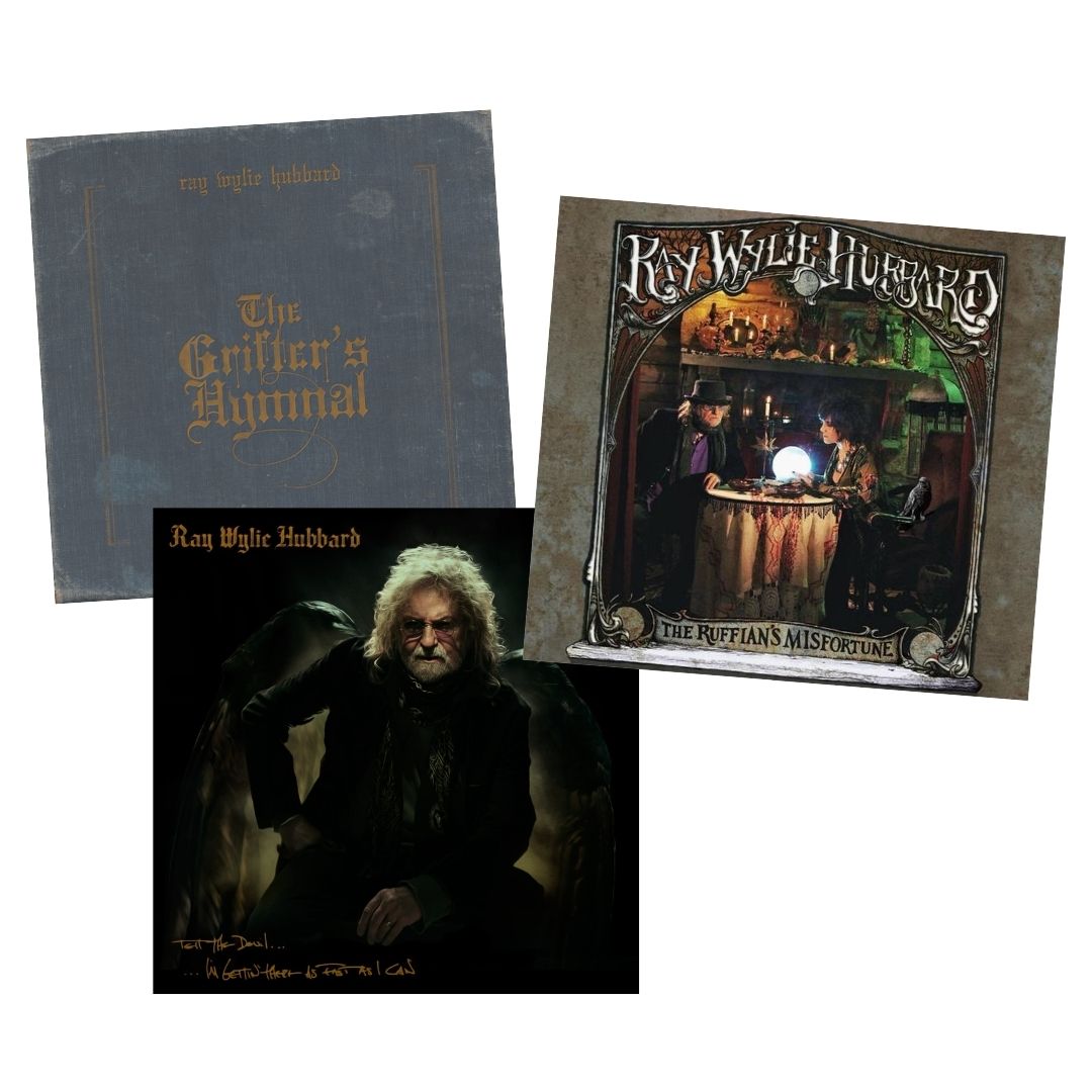 A collection of three CD cases by Ray Wylie Hubbard, featuring album covers and the artist's signature in a rustic font.