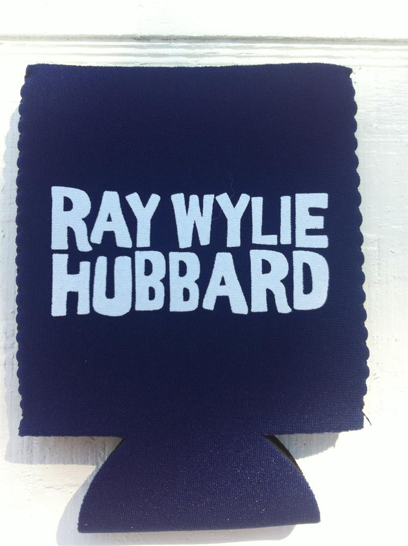 A navy blue koozie with a white line drawing portrait of a person playing a guitar, accompanied by a dog.
