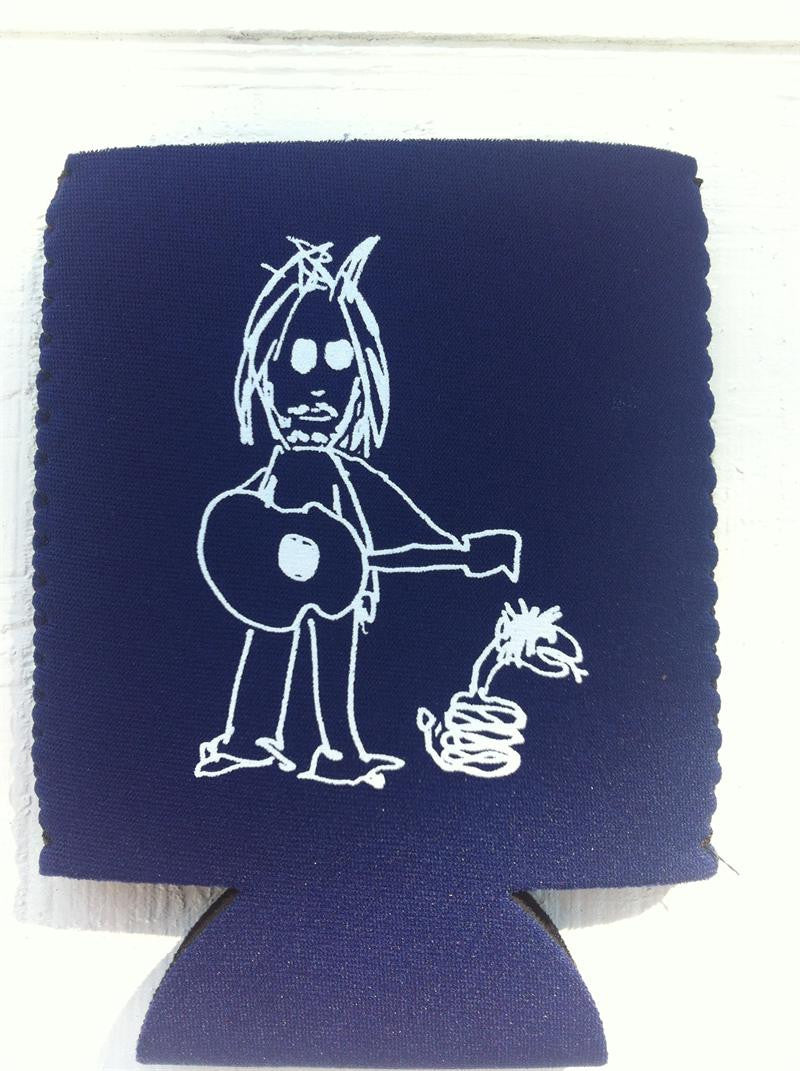 A navy blue koozie with a white line drawing portrait of a person playing a guitar, accompanied by a dog.