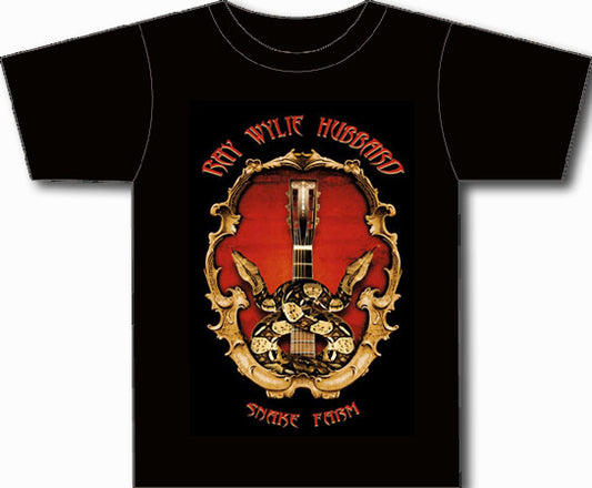 Black crew neck t-shirt with a red snake farm logo on the front.